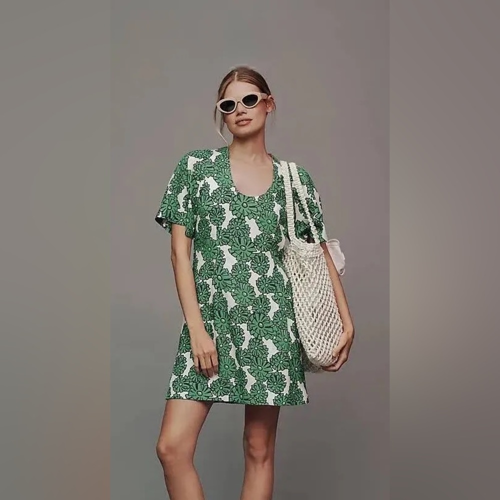 Anthropologie Green Floral Scoop Neck Women’s Dress